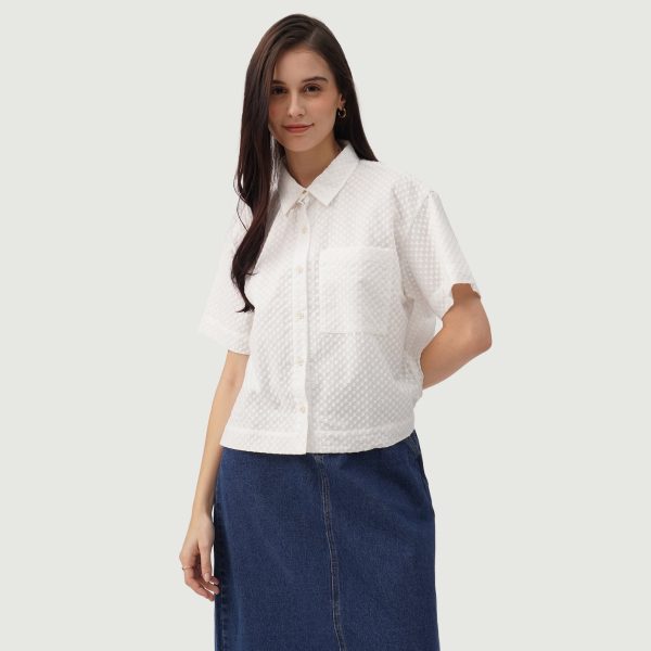 Eyelet Short Sleeves Button Down Top